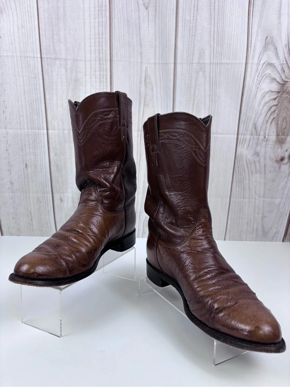 Vintage Justin Boots Smooth Quill Ostrich Leather Western Roper Cowboy Brown 9B - Picture 4 of 14